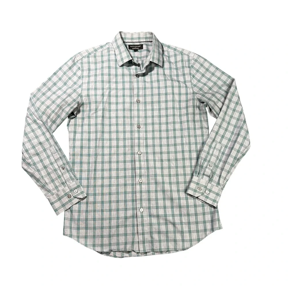 Banana Republic Men's Medium‎ Non-Iron Slim Fit Plaid Dress Shirt Green Grey